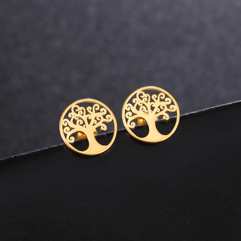Hollow Out Life Tree Earrings for Women Fashion Stainless Steel Gold Silver Color Stud Earring Jewelry Birthday Gift