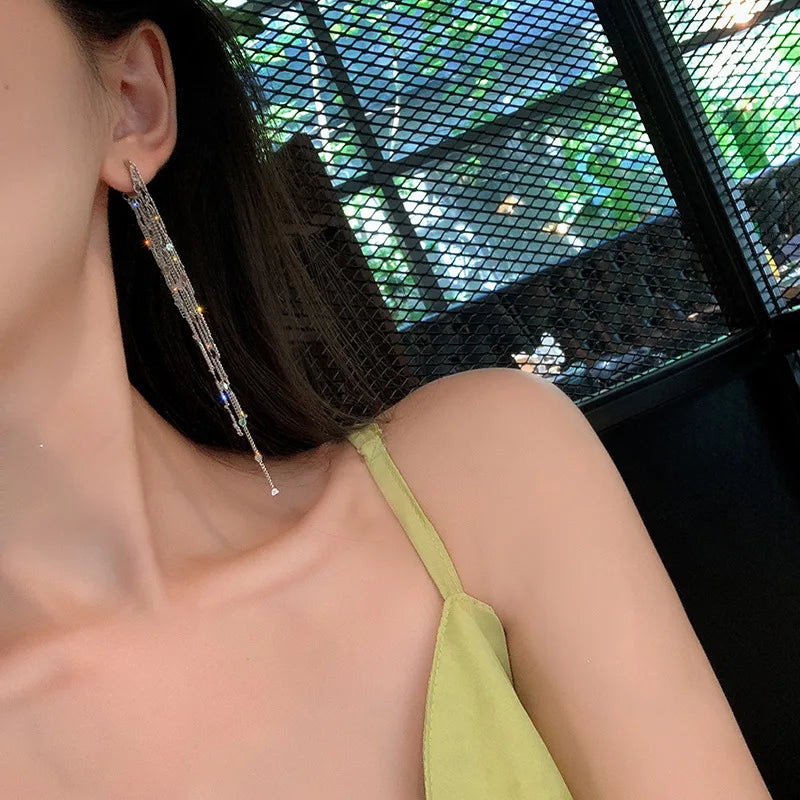 Trendy Long Tassel Sparkling Drop Earrings For Women Girls Korean Shiny Elegant Heart Dangle Earrings Fine Jewelry Wedding Gift