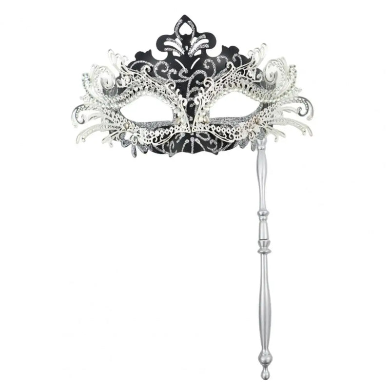 Metal Fancy Elegant Party Masque with Handheld Stick Half Face Venetian Masque with Rhinestones for Women Men Prom Masquerade
