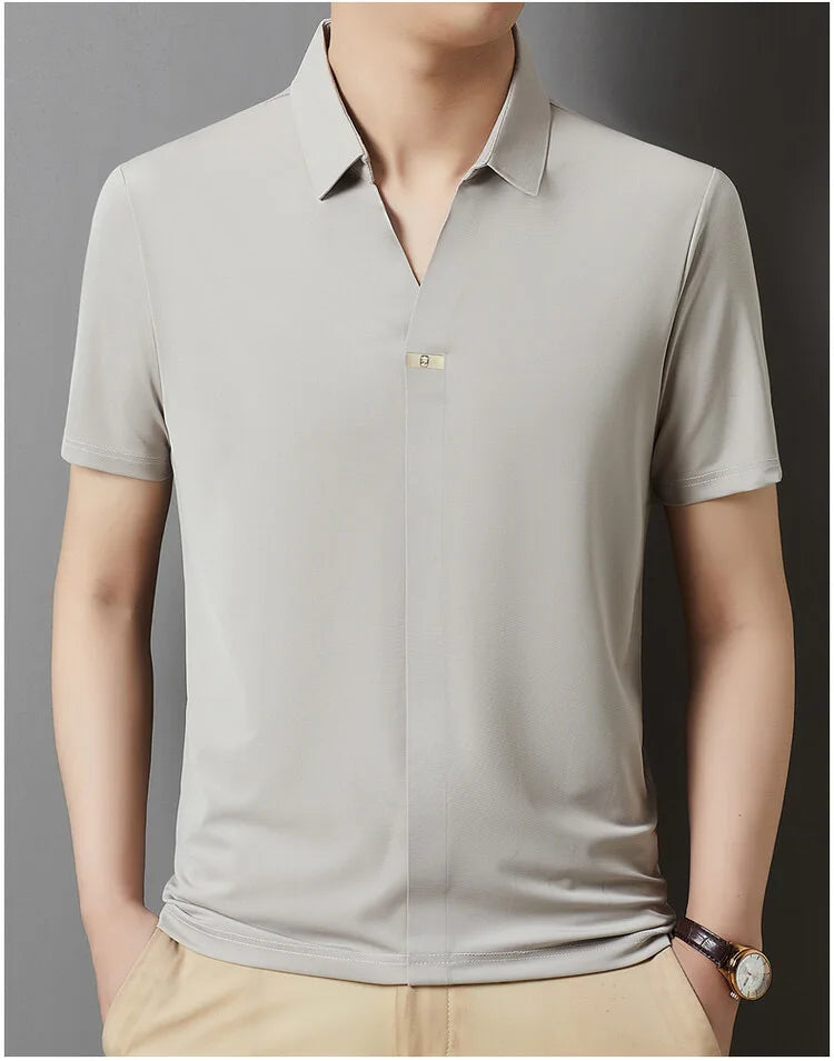Light luxury fashionable men's shirt with no zipper design polo shirt summer ice silk comfortable casual solid color men's shirt