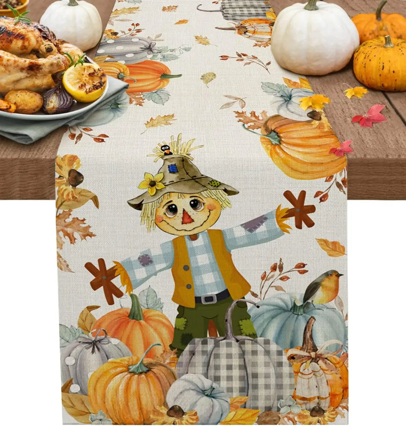 Fall Thanksgiving Gnome Pumpkin Maple Leaves Linen Table Runners Kitchen Decor Washable Table Runners Holiday Party Decoration