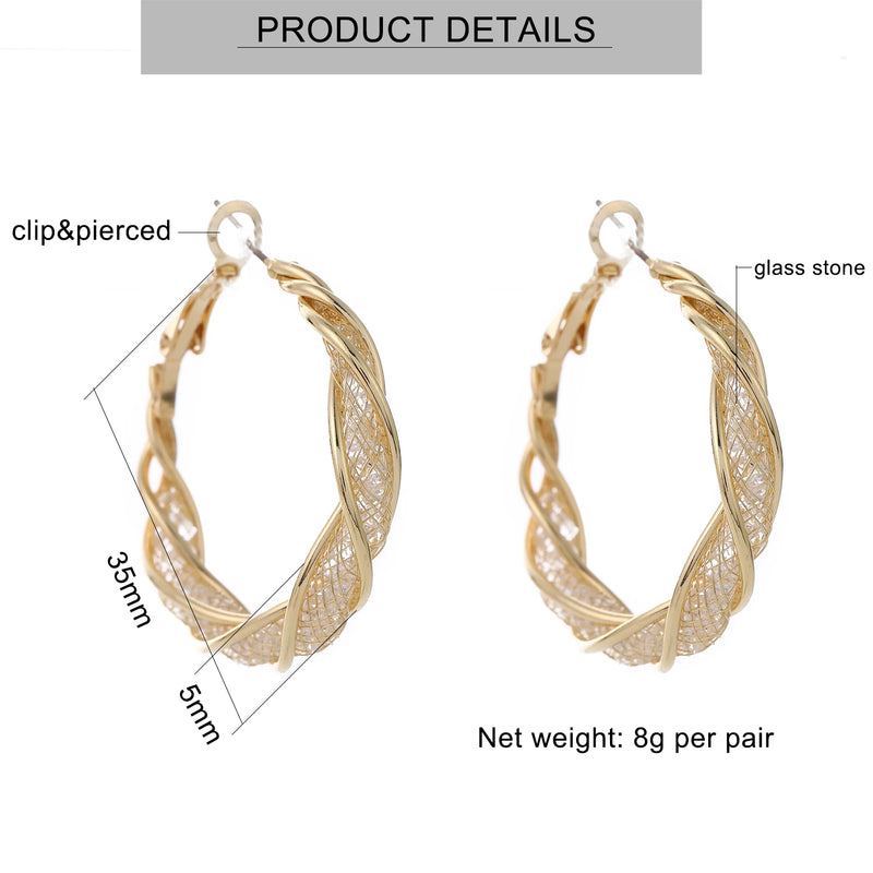 Fashion Interweave Twist Metal Mesh and Stone Circle Geometric Clip on Hoop Earrings for Women Accessories Retro Party Jewelry