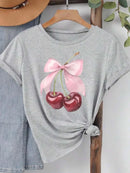 Neck Casual Tops for Summer Spring Women's Clothing Fashion Cherry Print Women T-Shirt Short Sleeve Crew