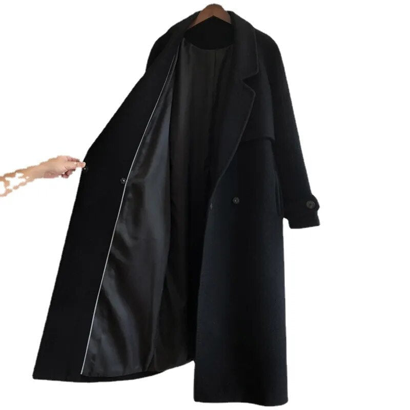 Fall/Winter 2023 Black Woolen Coat Women's Fashion Coat Loose Belt Temperament Is Thin Casual Wool Coat Trench Office Lady Long