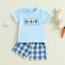 Adorable Infant Easter Outfit with Bunny and Carrot Embroidery Short Sleeve Tee and Plaid Shorts Set for Boys