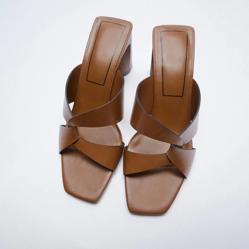 2022 Summer New Women's Shoes Square Toe Simple Commuter Brown Thick Heel Leather Sandals Women