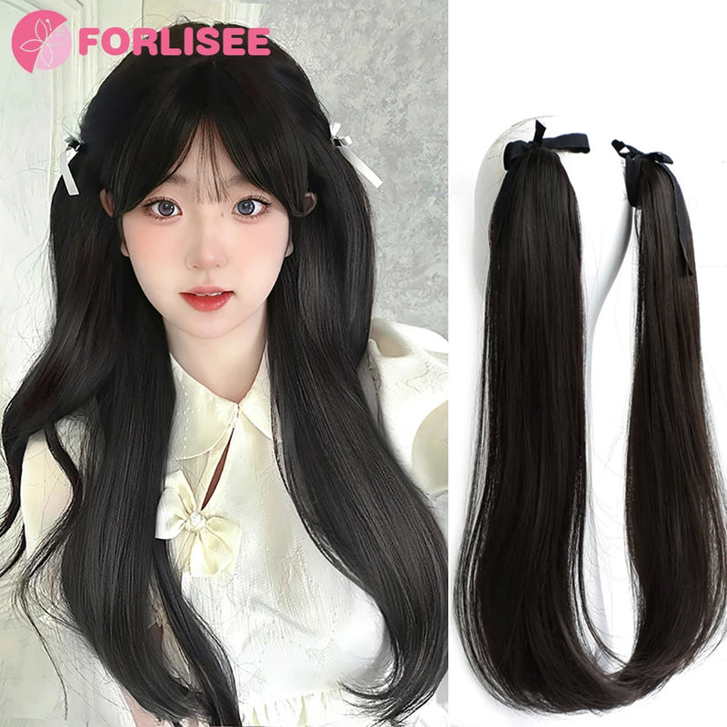 Synthetic Long Hair And Dropped Ear Rabbit Style Double Horsetail Girl Fluffy And Binding Hair Wig Piece Double Horsetail