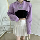Female Cut Out Crop Top Hoodie Long Sleeve Hooded Pullover Sweatshirt Drop Shoulder Drawstring Hoodie Crop Jumper-Top