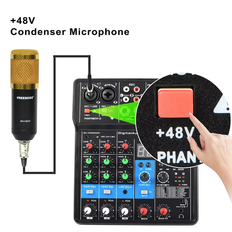 TEYUN 4-Channel Professional Sound Mixer Console Mini Audio Mixer Sound Card Computer Input 48v Power USB Computer Record NA4