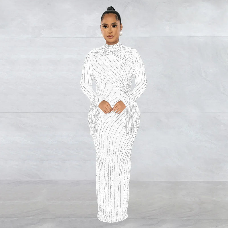 CM.YAYA Women Mesh Tassel Long Sleeve Diamonds Hot Rhinestones Bodycon Midi Maxi Long Dress and Tank Inner Dresses 2piece Suit
