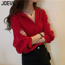 JOEVILU Red Chiffon Shirt Women French Elegant Long Sleeve Blouses Spring and Autumn Korean Fashion Tops Casual Sunscreen Jacket