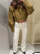 Elegant Women's Low Rise White Denim Jeans With Waist-Tie Design Comfortable Fit Straight Leg Pant Casual Daily Female Trousers