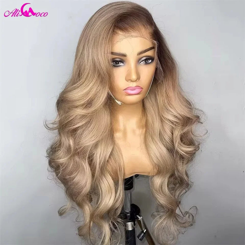Ombre Blonde 13X6 Transparent Lace Front Human Hair Wig Brown Root Body Wave Ash Blonde 180 Density Pre Plucked Human Hair
