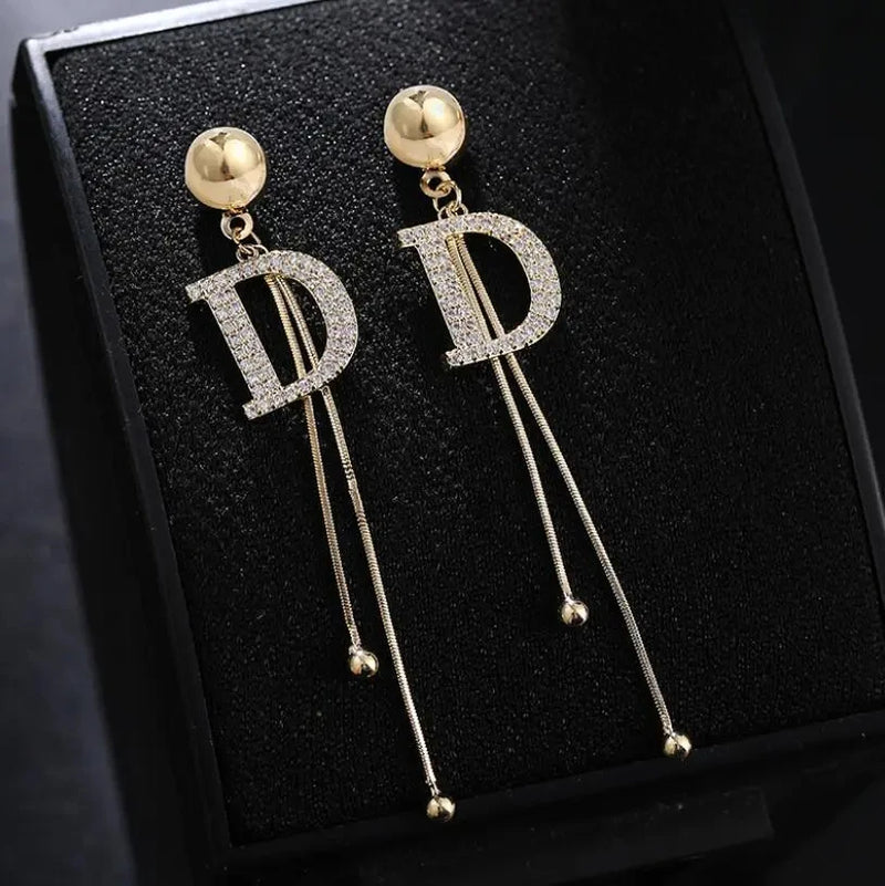 Long Tassel D Letter Big Drop Earrings For Women Crystal Snake Chain Earring Fashion Jewelry Statement 2023 Luxury Gifts