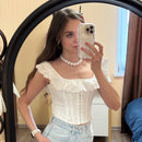 Suninheart Summer White Corset Top Elegant 2025 New Arrivals Short Backless Lace Up Tops Cotton Jacquard Bodycon Tops Women