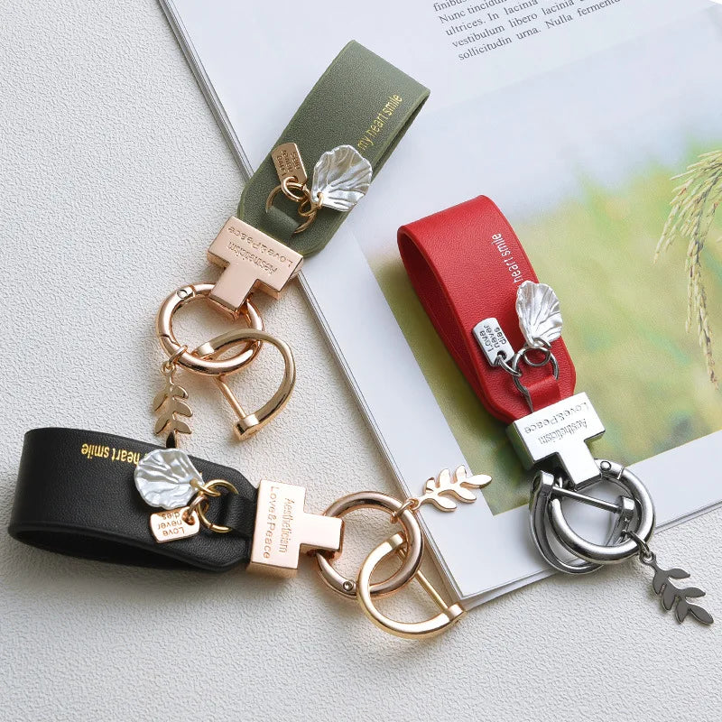 New Creative Leaf Shell Pendant Keychain PU Leather Key Ring Women Men Car Key Phone Charm Holder Business Party Gift Trinket