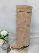 Ladies' Autumn and Winter New Pointed Knee High Women's Boots, Thick High-heeled Long Pants Boots, Fashionable Mid Rise Boots