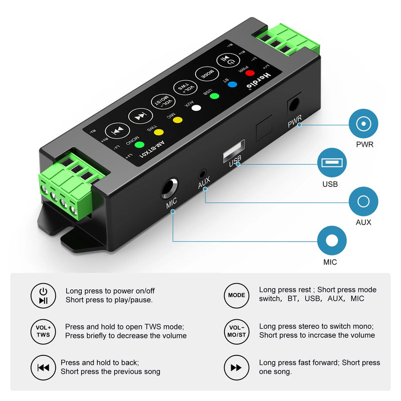 Herdio 4-Channel Bluetooth Amplifier 200W Power Output With 24V5A AC-DC Power Supply Wall Mount USB/MIC/AUX For Passive Speakers