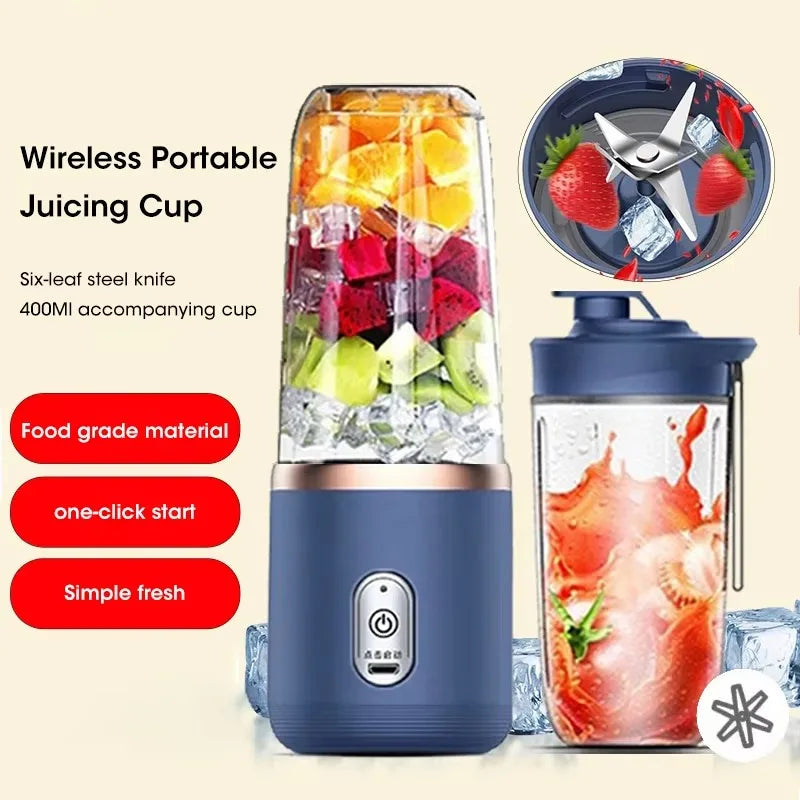 Portable Juicer Mini Fruit Blender Electric Wireless Juicer With 6 Blades USB Rechargeable Mini Juicer Cup