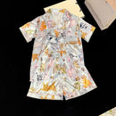Cute Cat Print Pajamas Women's Spring Summer Ice Silk Slippery Short Sleeved Shorts Home Clothing Two Piece Set Sleepwear