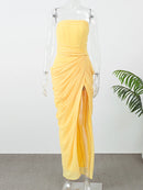 The Aurelian | Butter Yellow Mesh Strapless Pleated Evening Gown