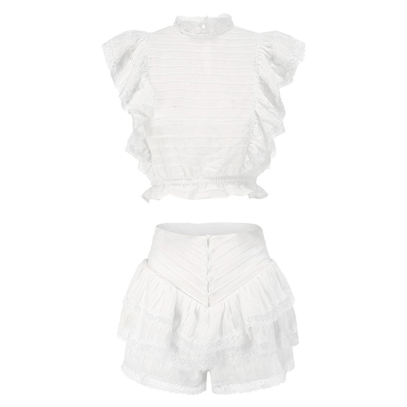 High Quality 2022 Sunday Set elastic waistband Cropped top with ruffle detail and cute ruffle mini shorts skirts