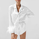 Damen-Pyjama, 2-teilig, Patchwork, Federbündchen, einfarbig, langärmeliges Revers-Knopfhemd mit kurzen Hosen, lockere Loungewear-Outfits