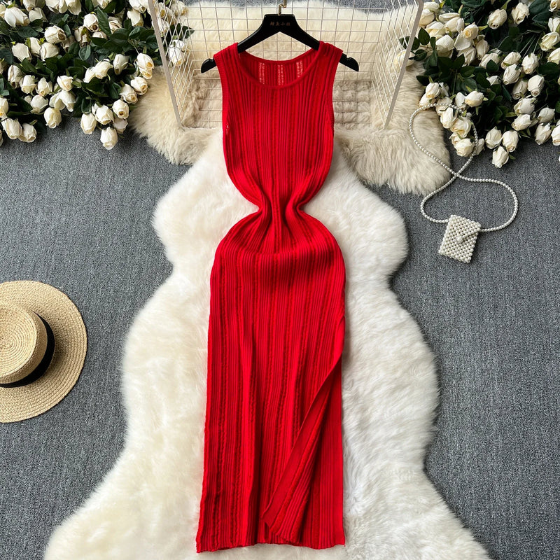 Green New Summer Knit Sexy Strap Dress Women Tank Elatic Waist Bodycon Sundress Female Beach Split Maxi Long Dress
