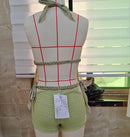hirigin Summer Two Piece Crochet Set for Women Tie Up Halter Open Back Split Cami Tank Top Hollow Out Shorts Beachwear