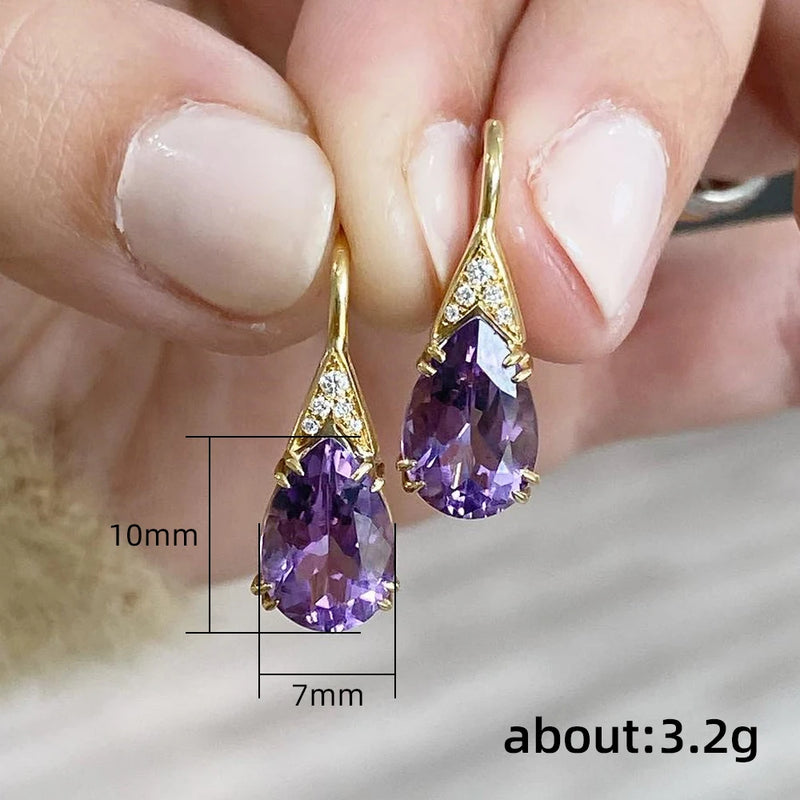 Huitan Charming Purple Pear Cubic Zirconia Earrings for Women Gold Color Aesthetic Bride Wedding Earrings Fancy Anniversary Gift