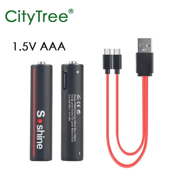 CityTree AAA Rechargeable Battery 1.5V Li-ion 600mWh 1.5 Volt Lithium 3A Batteries with Type-C Cable for Toys Clock Flashlight