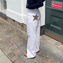 Women Fashion Jeans Star Pattern Loose Denim Pants Spring Fall Casual Low Waist Trousers Wide Leg Pants