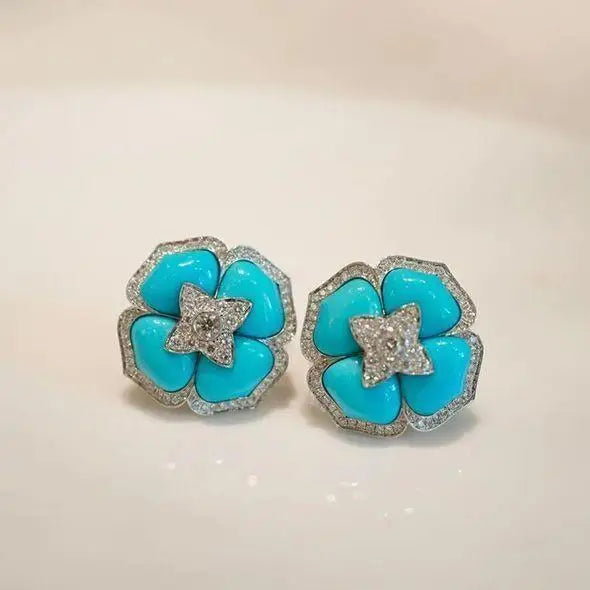 925 Sterling Silver Set Synthetic America Blue Turquoise Flower Ear Stud Simple Earring Tourquise Earring Fine Jewelry Wholesale