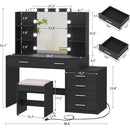 Quimoo 48" Large Vanity Desk with Mirror and Lights, Makeup Vanity with 6 Drawers, Power Outlet, 4 Storage Shelves & Stool,Black