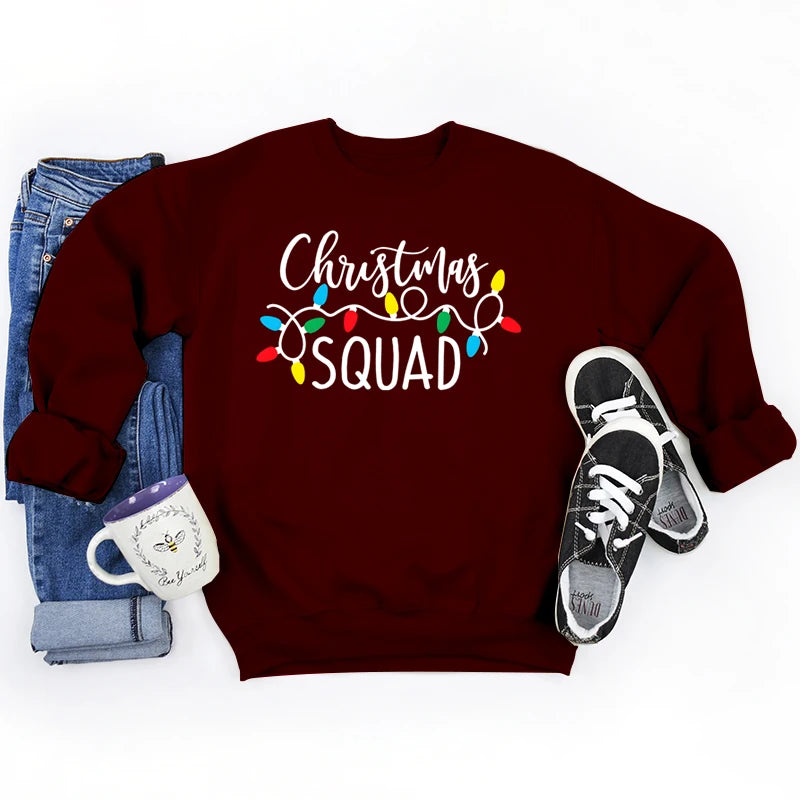 Christmas Lights Christmas Squad Print Crew Neck Sweatshirts Fashion Print Women Christmas Casual Sweatshirts Xmas Gifts