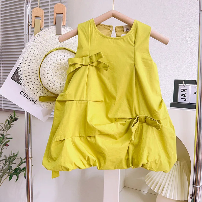 2023 Summer New Arrival Girls Sleeveless O Neck Bow Pink Green Cute Roupa Infantil Menina Cute Party Dress Custume 18M-7T