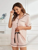 Summer Women's Pajamas Sets Short Sleeve Notched Collar Top Tee Button Down Elastic Waist Shorts Home Suit Loungewear Sleepwear