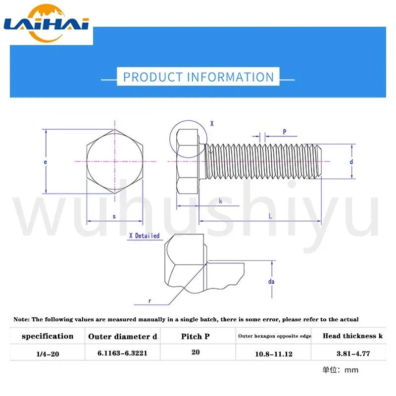 10PCS UNC US 1-4/20 304 A2 Stainless Steel DIN933 External Hex Screw OuterHexagon Head BoltThin teeth coarse teeth outer hexagon