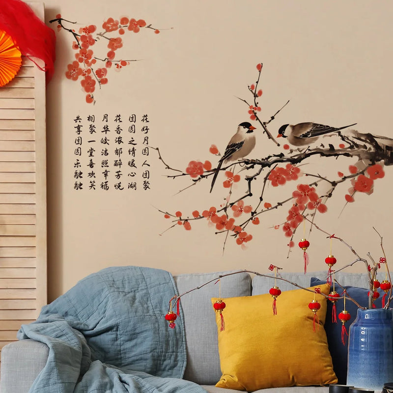 Chinese Style Plum Blossom Birds Wall Stickers Living Room Background Decor Decals Bedroom Home Decoration Self-adhesive Mural