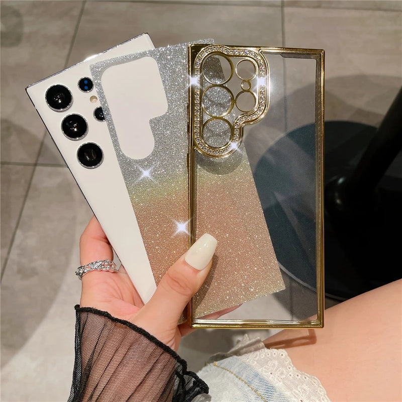 Luxury Plating Glitter Rhinestones Diamond Transparent Phone Case For Samsung S23 Ultra S22 Plus Soft Clear Gradient Color Cover