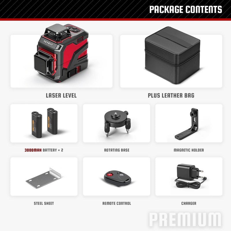 YEVOLT YVGLL4XS12 Series Green Laser Level 3-Plane 12-Line Self-leveling 360 3D Horizontal & Vertical 3.6V 3Ah Power Tools