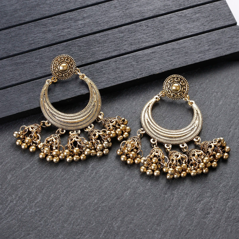 Ethnic Antique Gold Color Earrings Women Geometric Carved Lantern Bead Tassel Hanging Earrings Piercing Indian Jhumka Jewelry