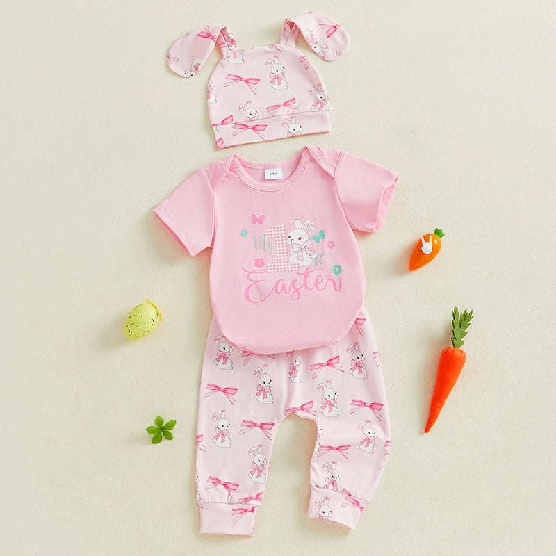 Adorable Baby Girls Easter Bunny Outfit Set with Romper Pants and Hat - Short Sleeve with Bow Pattern - 3 Pieces