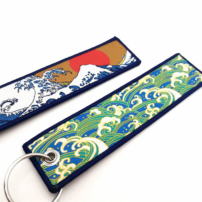 JDM Car Fabric Keychain Key Ring Hokkaido waves Key Tag Kanagawa Surfing Embroidered Key Chain  Man Automotive Accessories