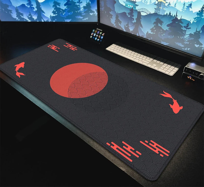 Japanese Desk Mat Black & Red Mouse Pad Koi Fish Sun Cloud Japan Art Seal Sunrise Large XXL Gaming Deskmat Rubber Mousepad 90x40