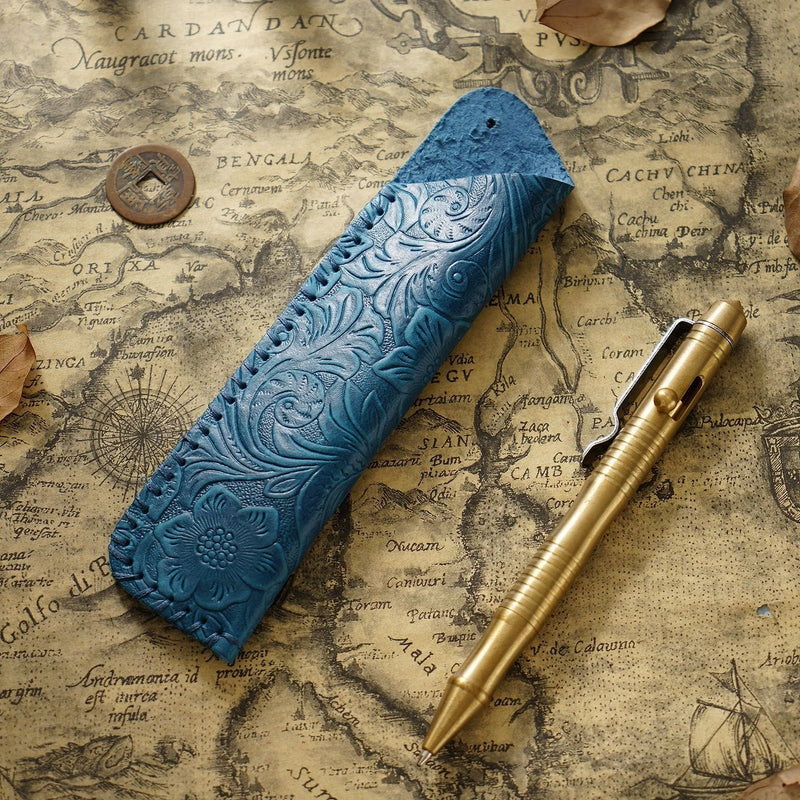 Genuine Leather Pencil Bag with Flower Embossed Leather Boy's and Girl's School Students Pen Holder Simple Retro Pencil Bag