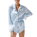Damen-Pyjama, 2-teilig, Patchwork, Federbündchen, einfarbig, langärmeliges Revers-Knopfhemd mit kurzen Hosen, lockere Loungewear-Outfits