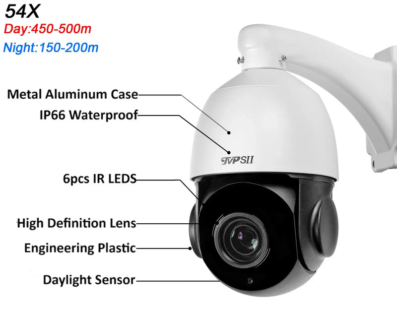 Auto Tracking 8MP IMX415 H.265+ 54X 15X Optical Zoom 360° Rotation Audio Outdoor ONVIF POE PTZ Speed Dome Surveillance Camera