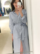 Colorfaith DR1800 2023 Gestreiftes Baumwoll- und Leinenhemdkleid Schnürung Damen Frühling Sommer Elegant Koreanische Mode Lange Kleider für Damen