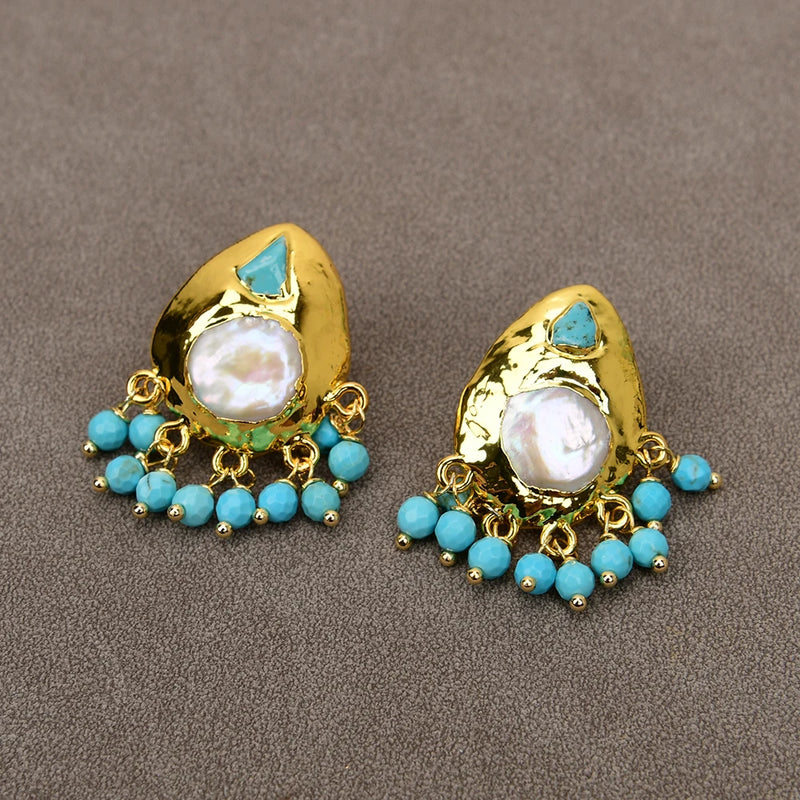 G-G Freshwater White Coin Keshi Pearl Blue Turquoise Gold Plated Earrings Drop Stud Earrings Women Party Gift